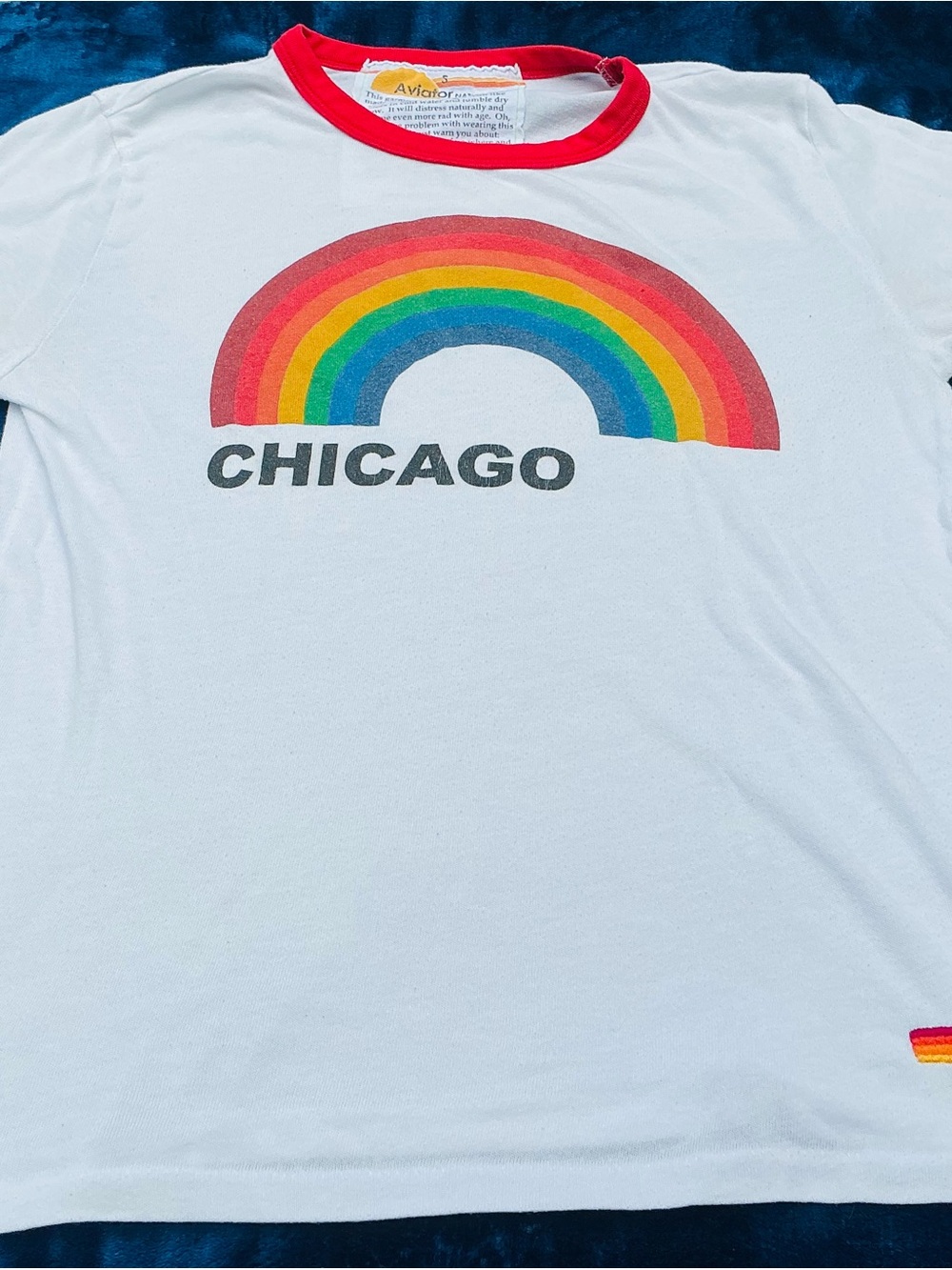 Aviator Nation White Tank Top with Rainbow Graphic and Red Trim